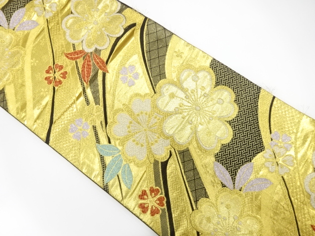 JAPANESE KIMONO / ANTIQUE FUKURO OBI / SILK / WOVEN WAVE & SAKURA